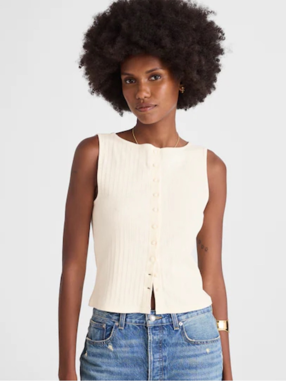 Madewell Cream Ribbed Button-Back Tank. Size L . Style NW937